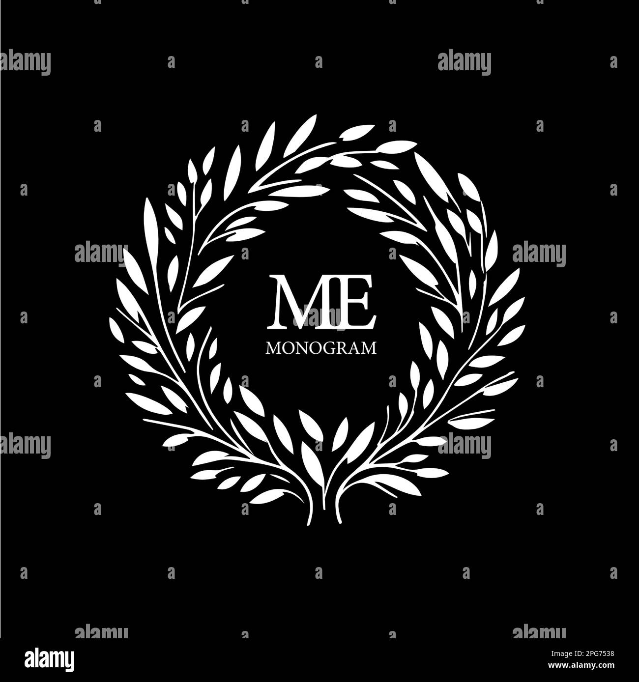 Modello con logo Melissa wreath, bouquet di fiori rotondi con monogramma, icona bianca, silhouette su sfondo nero, logo boutique, cosmetici Illustrazione Vettoriale