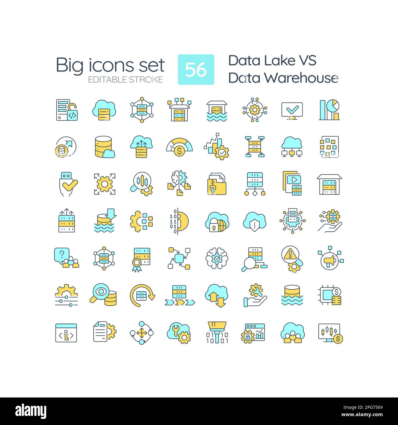 Set di icone a colori RGB Data Lake vs Data Warehouse Illustrazione Vettoriale