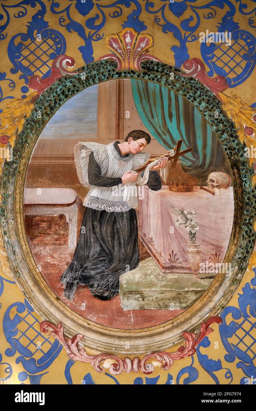 San Luigi Gonzaga - affrescato - pittore bresciano del XVIII secolo - Quinzano (Bs), chiesa di San Giuseppe Foto Stock
