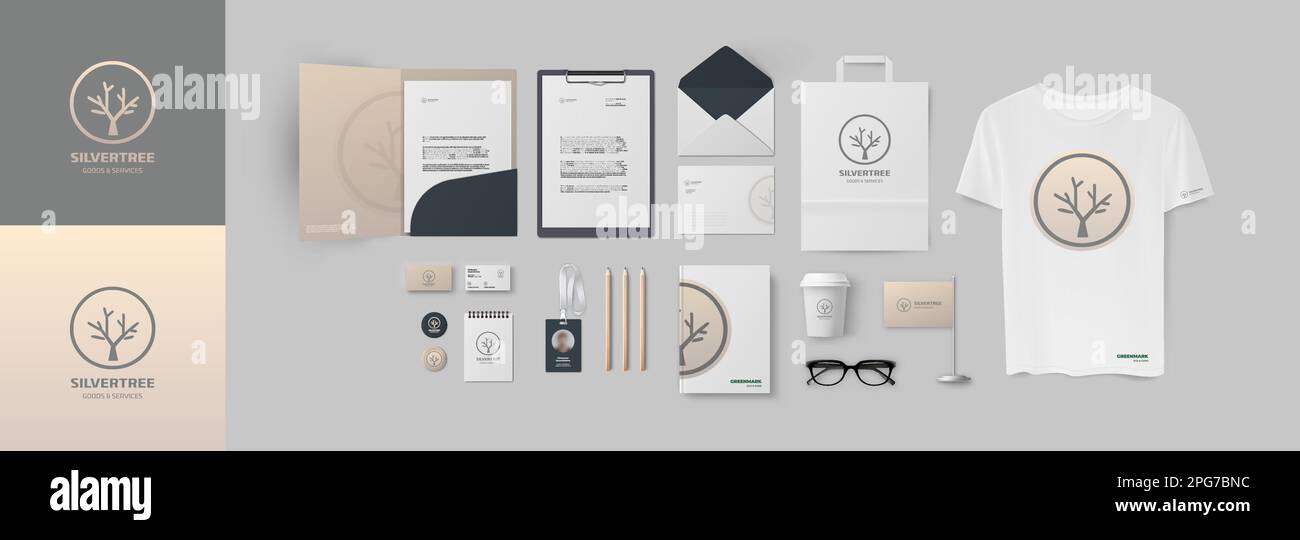 Design pack per aziende moderne con logo minimal e logo aziendale nei colori grigio e marrone chiaro. Il set di elementi pronti include cartella e A4 Illustrazione Vettoriale