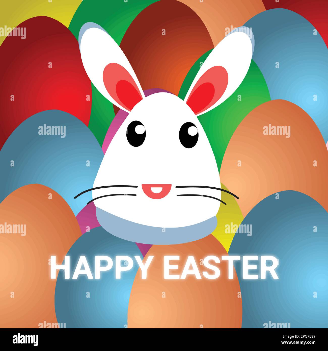 Buon biglietto di Pasqua con coniglio, uova colorate e testo. Illustrazione vettoriale. Illustrazione Vettoriale