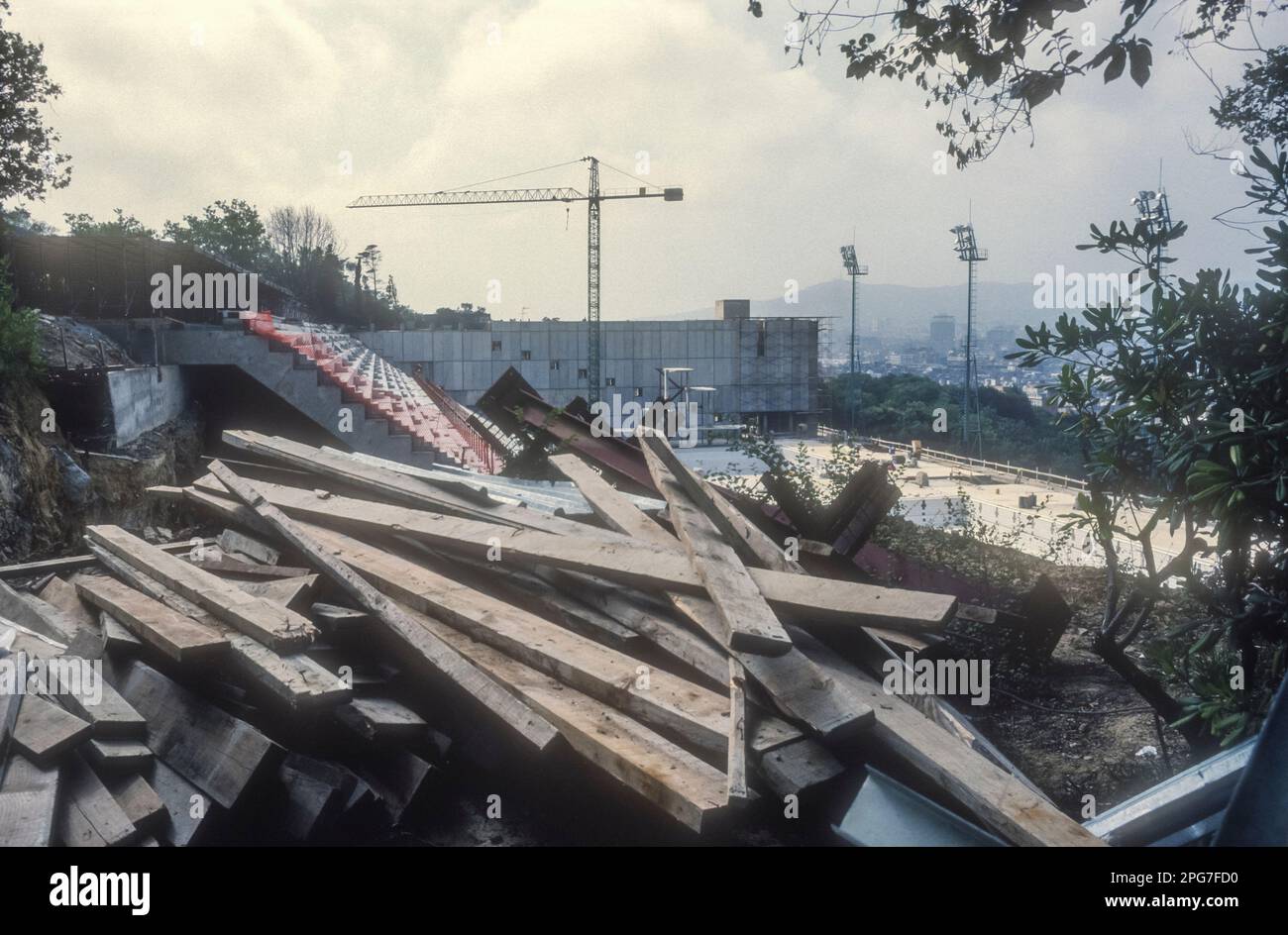 Agosto 1991 archivio immagine dei lavori di costruzione della piscina a Montjuic, Barcellona, per le Olimpiadi di Barcellona del 1992. Foto Stock