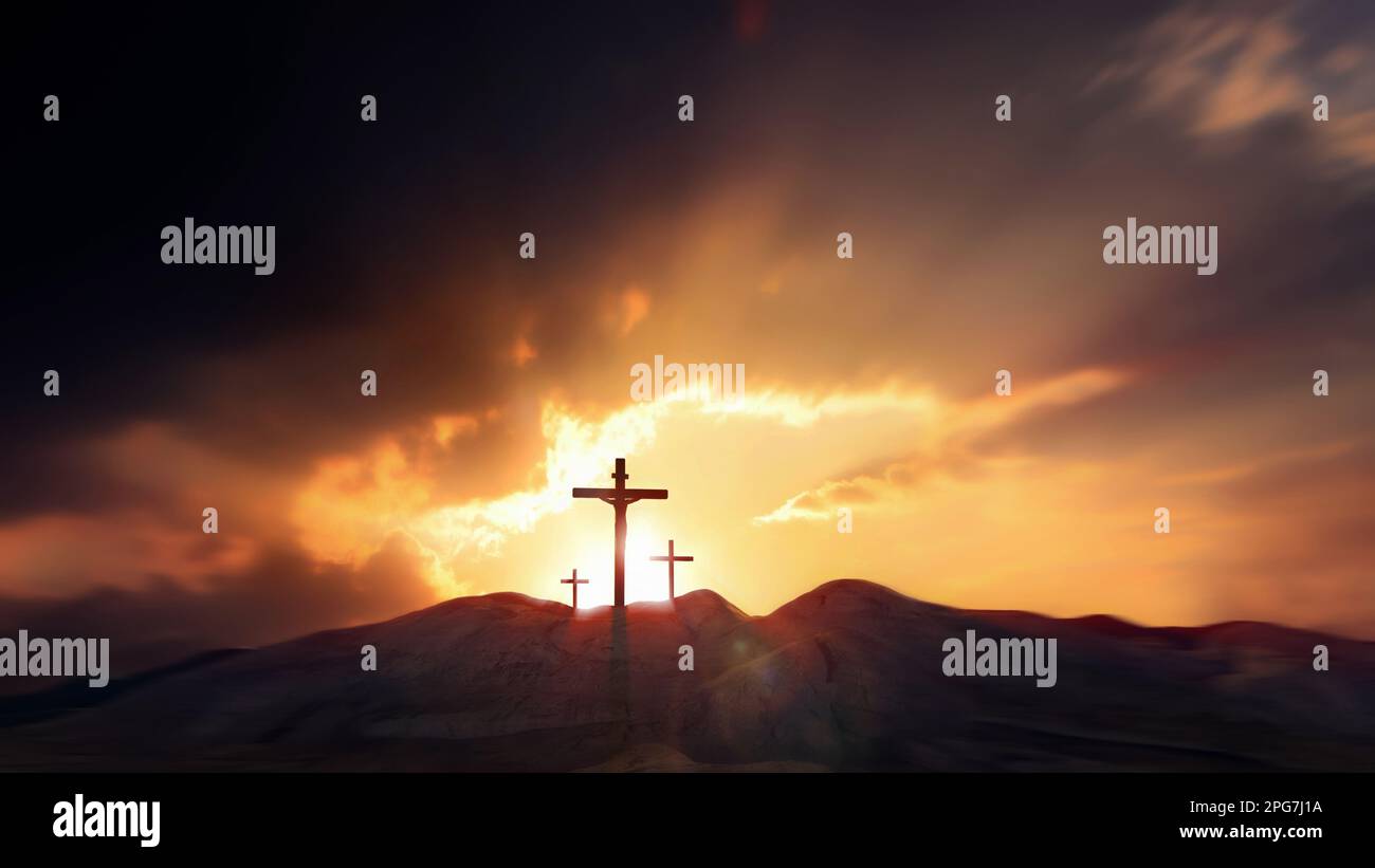 Settimana della passione croce su una collina che simboleggia il sacrificio, la sofferenza, la morte, la risurrezione e la passione di Gesù su uno sfondo luminoso al tramonto Foto Stock