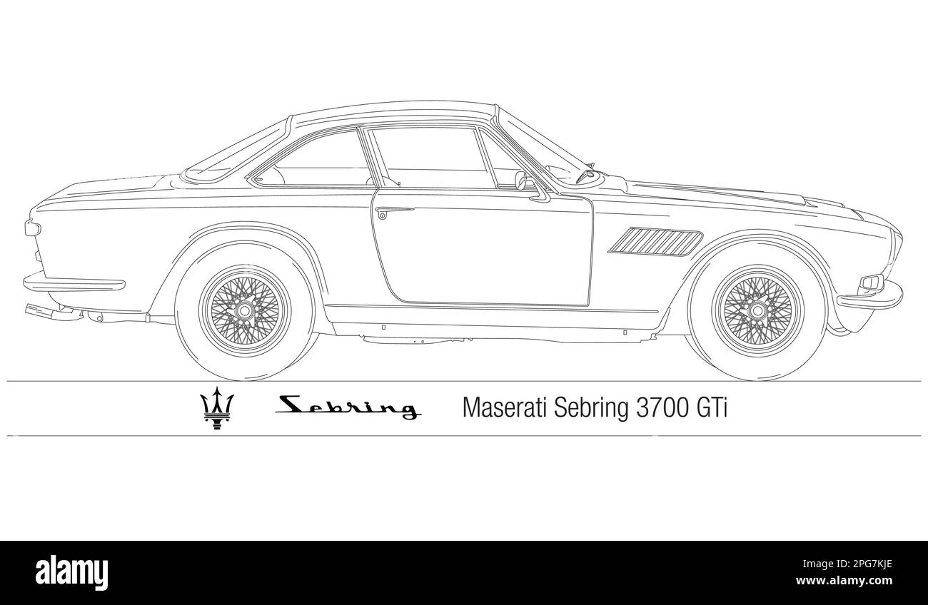 Modena, Italia, anno 1962 - Maserati Sebring 3700 GTi silhouette delineata, vettura italiana vintage, illustrazione Foto Stock