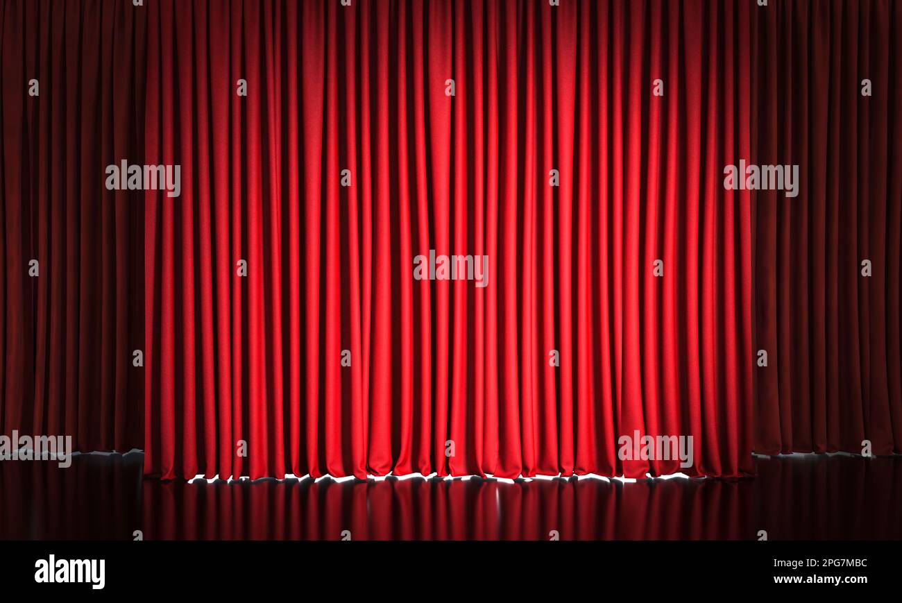 tende in velluto rosso e pavimento nero riflettente. rendering 3d Foto Stock