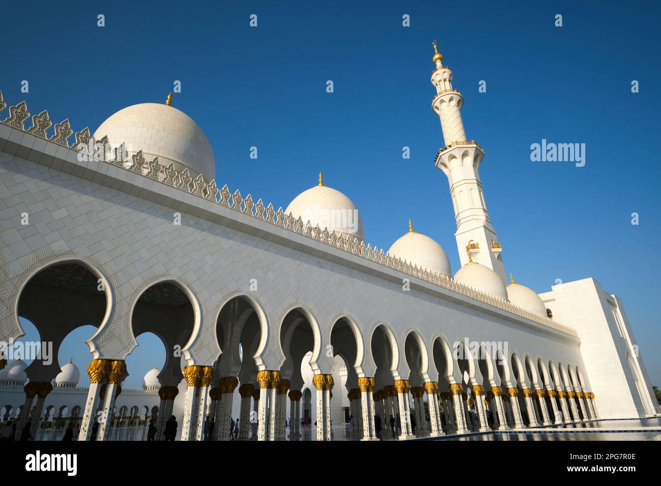 Vista del portico ombreggiato a piedi con colonne sormontate da un tronco di palma d'oro dipinto. Alla Grande Moschea dello Sceicco Zayed ad Abu Dhabi, Emirati Arabi Uniti, Foto Stock