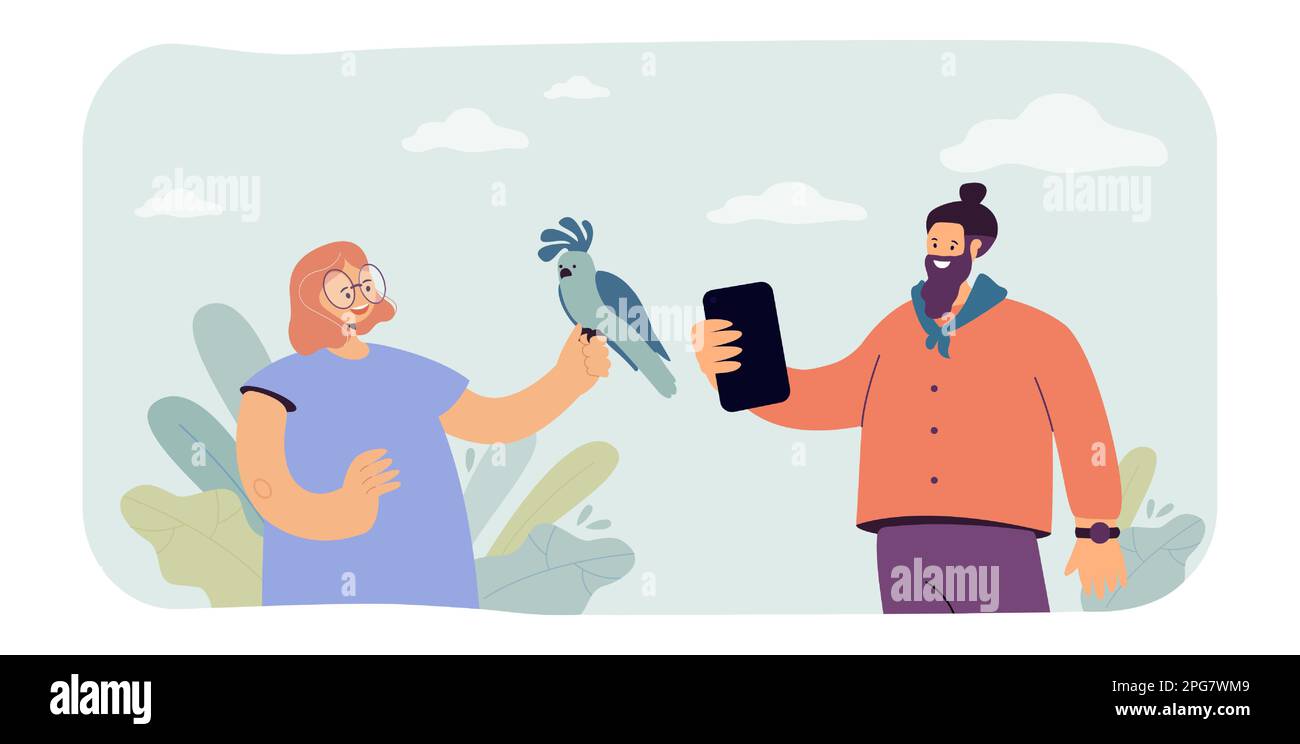 Uomo che fotografa una ragazza con illustrazione vettoriale piatta pappagallo Illustrazione Vettoriale