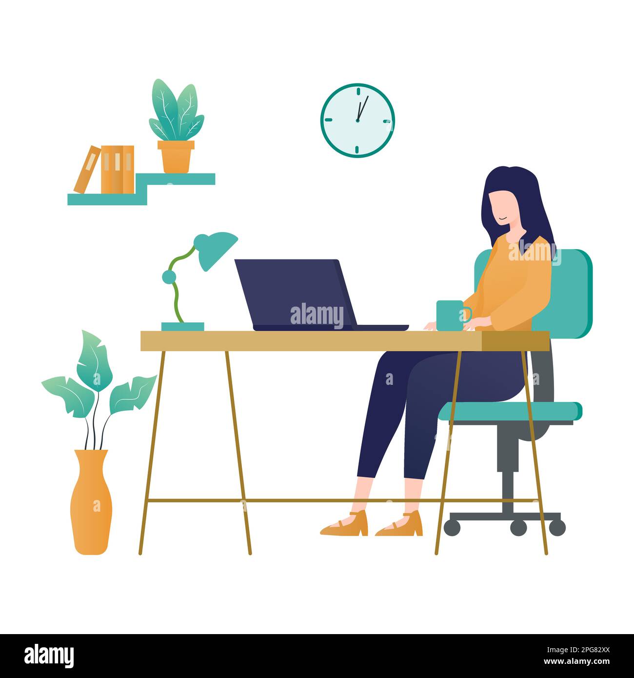 Giovane donna che lavora a casa. Freelance, concetto di lavoro da casa. Illustrazione vettoriale Illustrazione Vettoriale