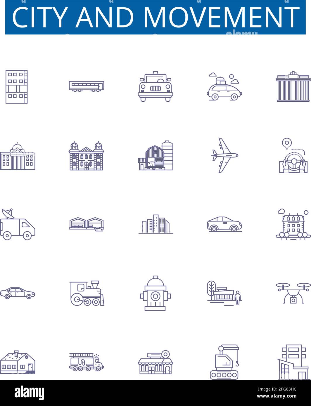 Set di simboli delle icone della città e della linea di movimento. Collezione design di città, movimento, trasporti, urbano, pedonale, moto, auto, bus contorno concetto vettore Illustrazione Vettoriale