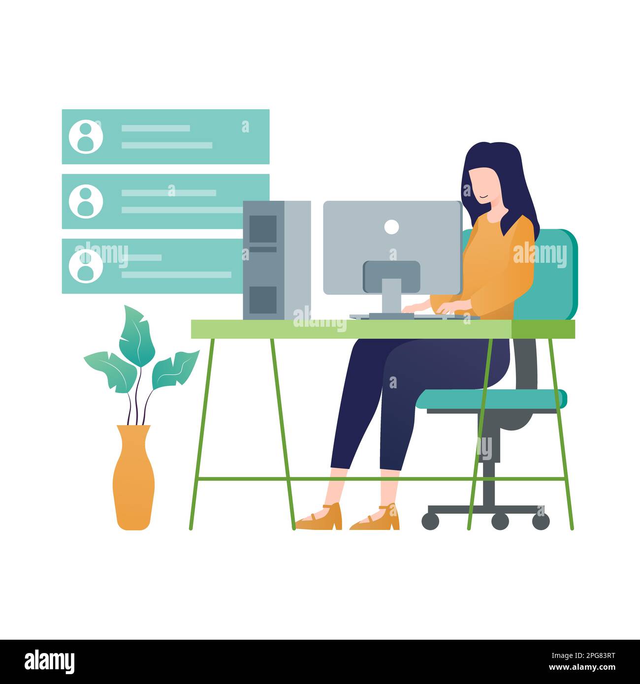 Donna che lavora al computer nell'ufficio di casa. Illustrazione vettoriale di stile piatto. Illustrazione Vettoriale