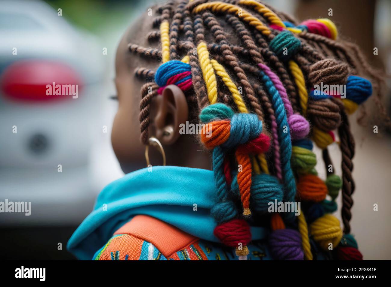 Bambina con trecce zizi in stile afro, vista posteriore. Intelligenza artificiale generativa Foto Stock