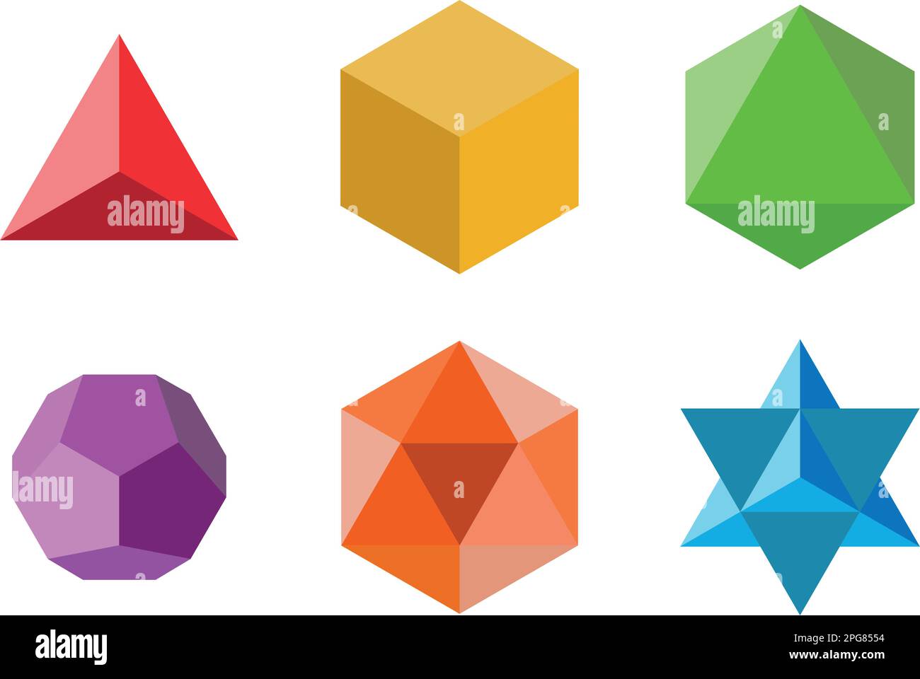 Insieme di elementi geometrici e forme: Piramide, cubo, ottaedro, dodecaedro, icosaedro e Davids Star. Disegni vettoriali a geometria sacra Illustrazione Vettoriale