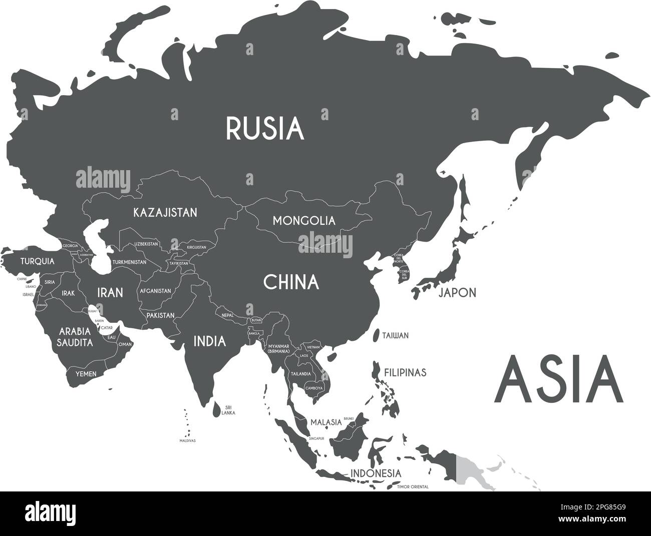 Asia politica rappresentazione vettoriale della mappa isolata su sfondo bianco con nomi di paesi in spagnolo. Livelli modificabili ed etichettati in modo chiaro Immagine e Vettoriale - Alamy