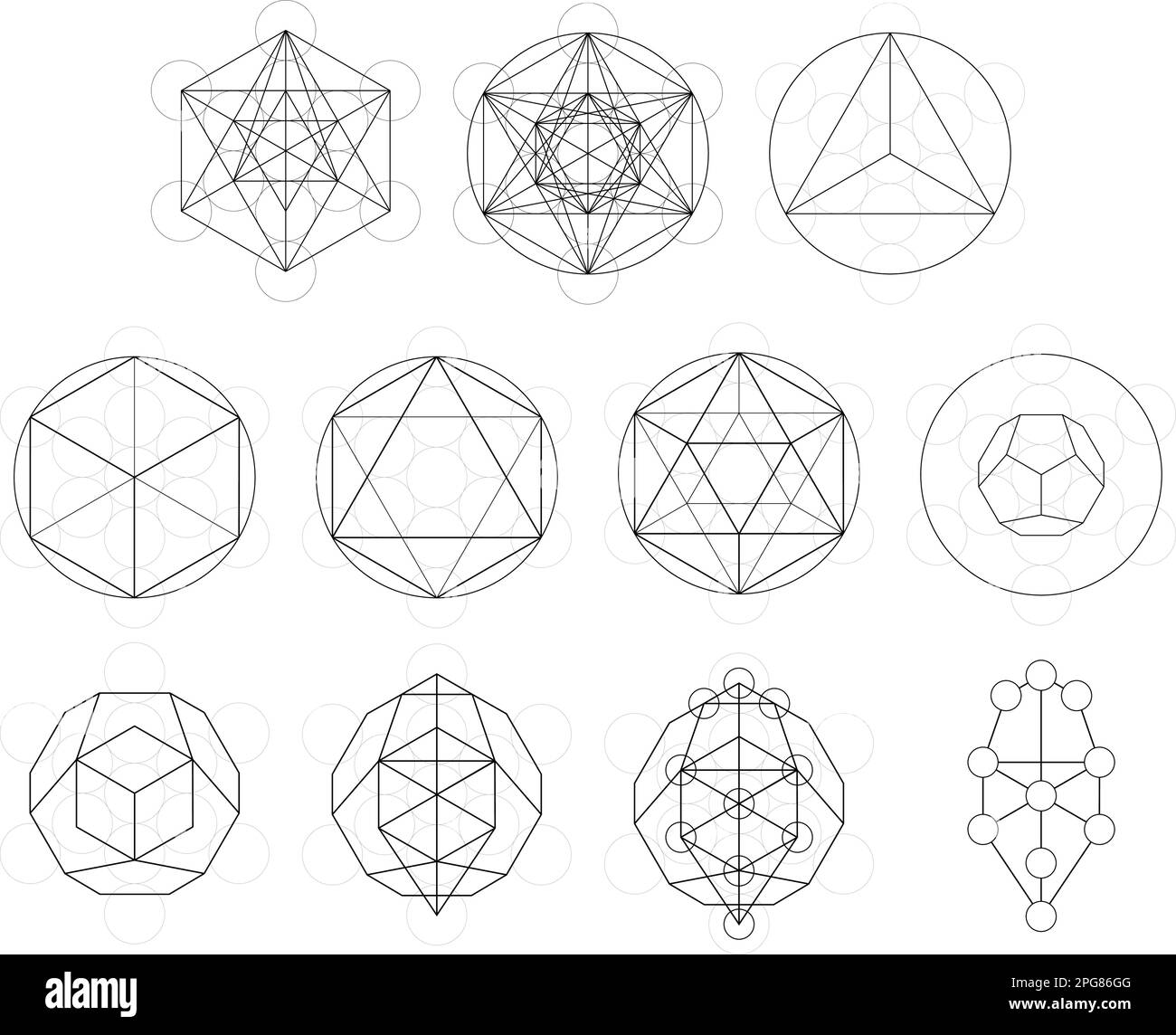 Insieme di elementi geometrici e forme. Geometria Sacra Metatroni sviluppo cubo. Disegni vettoriali Illustrazione Vettoriale