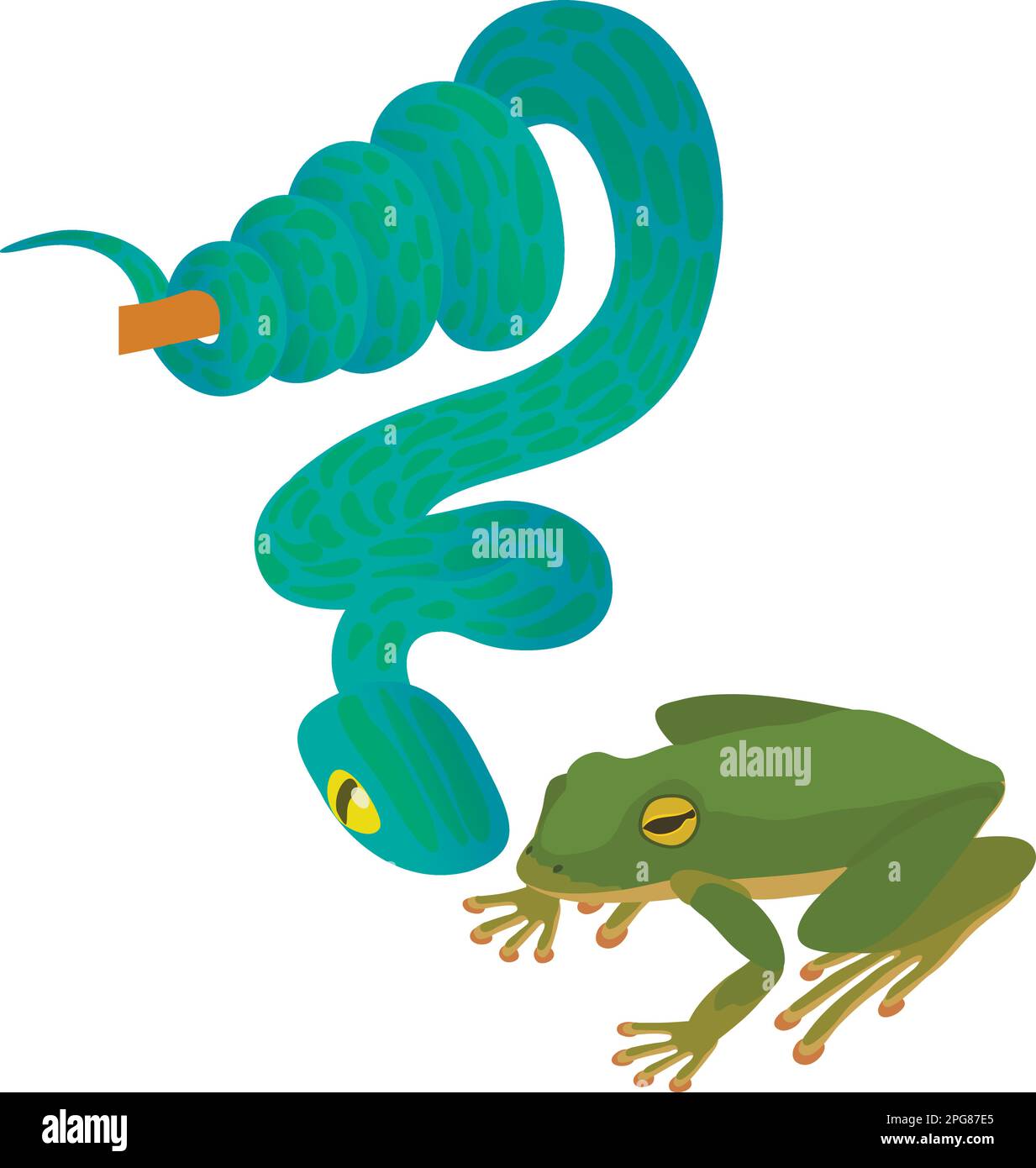 Vettore isometrico dell'icona della classe rettile. Grande serpente blu sul ramo vicino alla rana verde. Animale a sangue freddo, concetto di diversità biologica Illustrazione Vettoriale