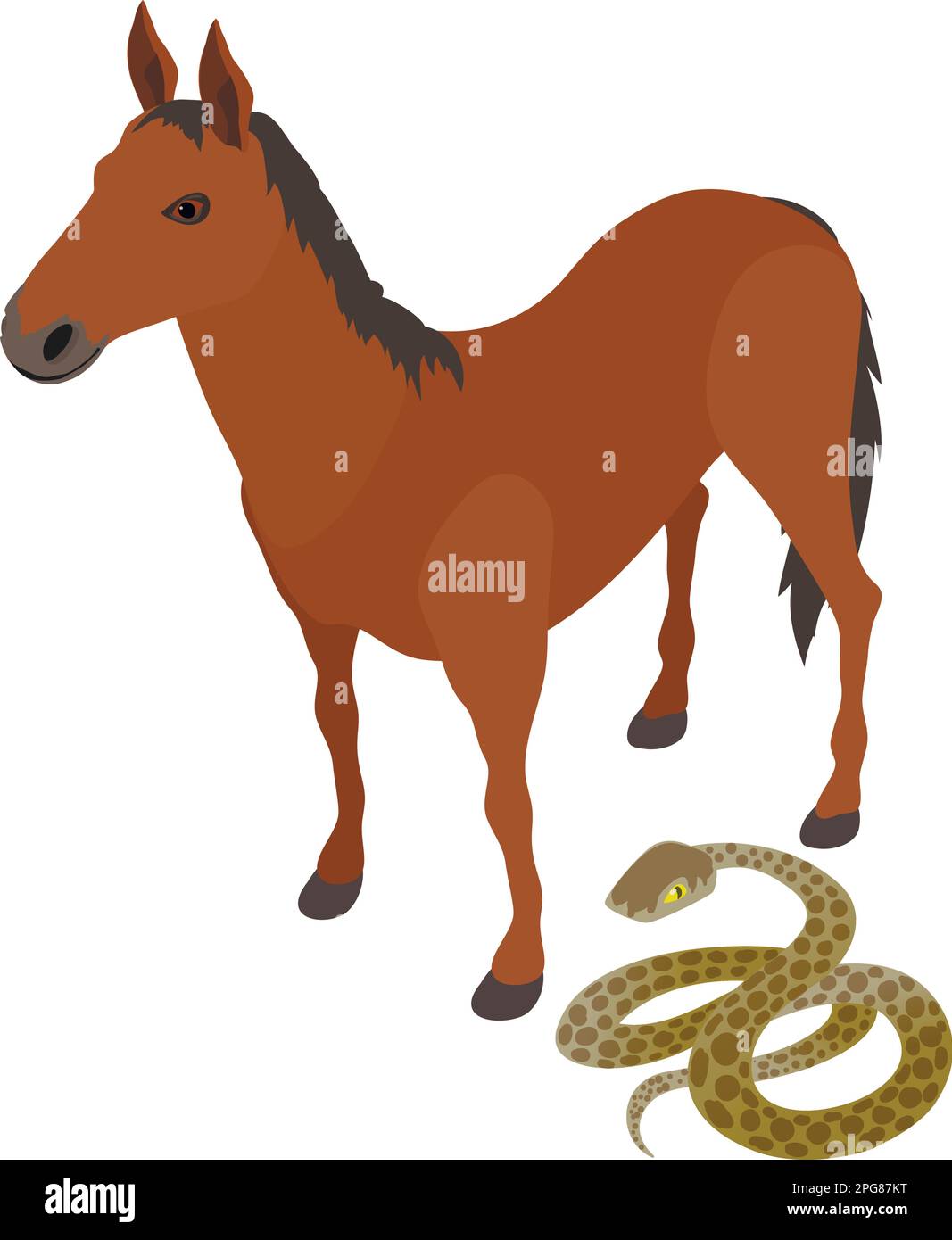 Varie icone animali vettore isometrico. Cavallo baia in piedi vicino anaconda comune. Concetto di diversità biologica Illustrazione Vettoriale