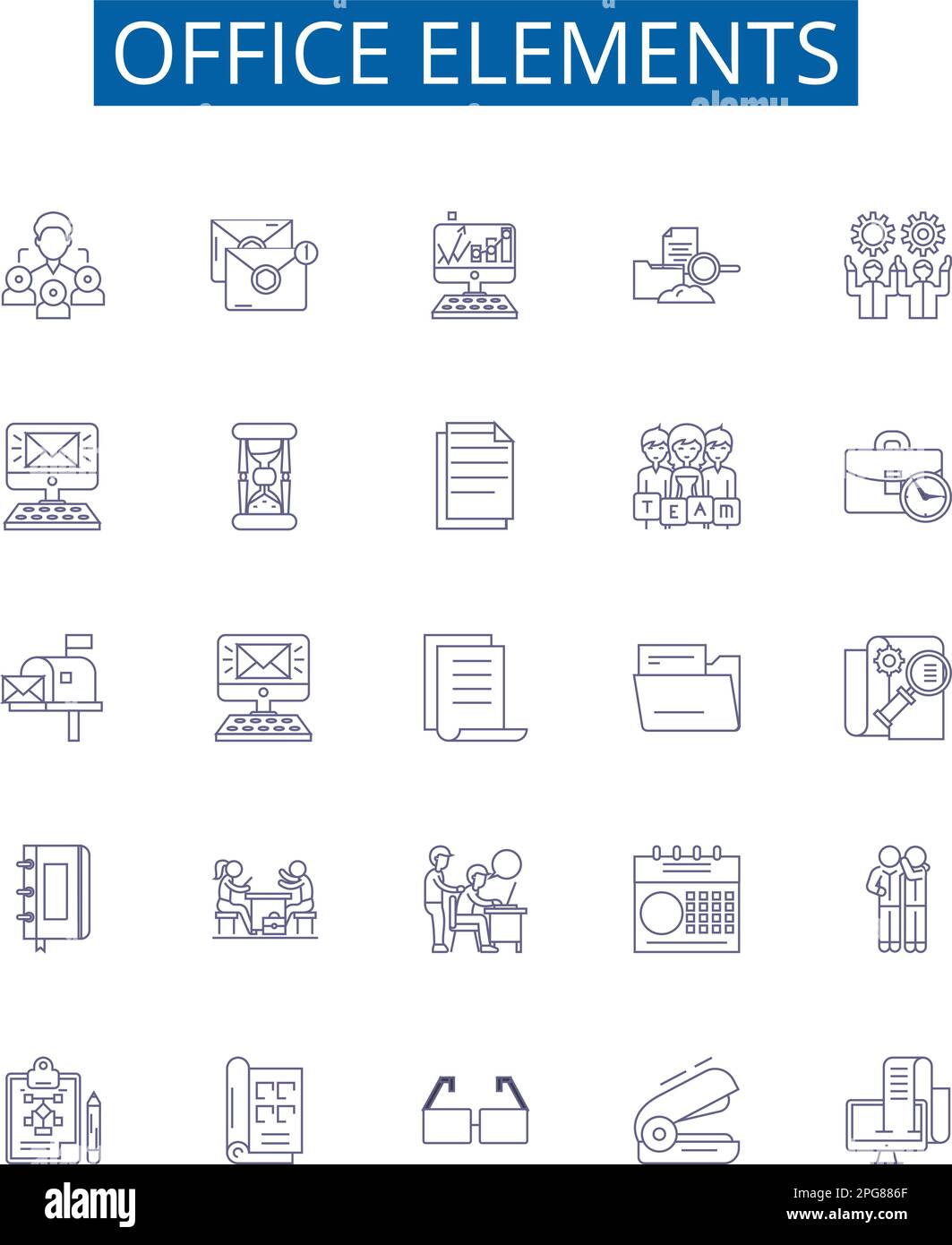 Set di simboli per le icone di linea di Office Elements. Collezione design di scrivania, sedia, penna, stampante, monitor, Tastiera, computer, vettore di concetto di file outline Illustrazione Vettoriale