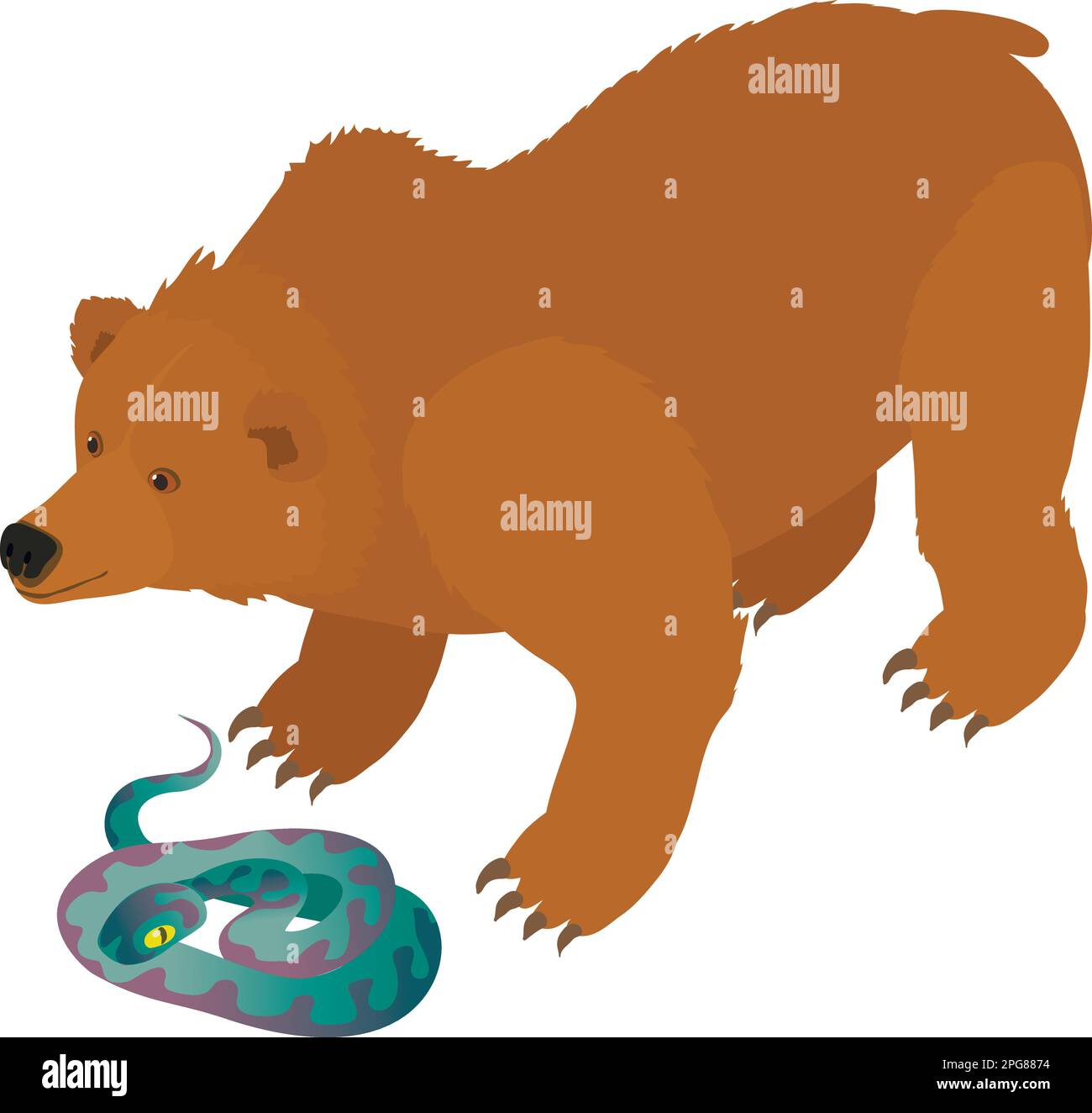 Icona concetto animale vettore isometrico. Grande orso bruno vicino a serpente viola colorato. Concetto di diversità biologica Illustrazione Vettoriale