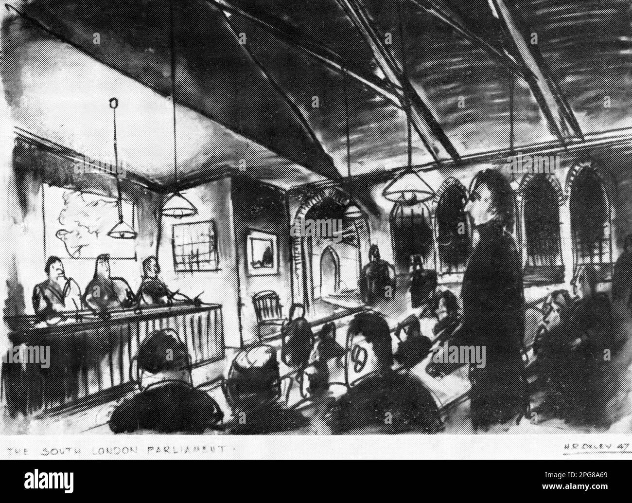 Concept Art / Set Design by Art Director ROY OXLEY per il film RICHARD ATTENBOROUGH ALASTAIR SIM e SUSAN SHAW a LONDRA APPARTIENE A ME aka DULCIMER STREET 1948 regista SIDNEY GILIAT romanzo Norman Collins sceneggiatura Sidney Gilliat e J.B. Produttori Williams Sidney Gilliat e Frank Launder singole immagini / General Film Distributors (GFD) Foto Stock