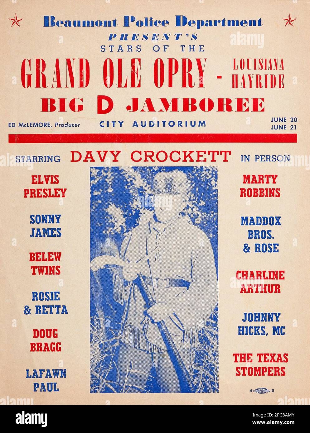 Il Dipartimento di polizia di Beaumont presenta le Stelle del Grand Ole Opry Louisiana Hayride, Big D Jamboree, con Davy Crockett e Elvis Presley. Programma di concerti dell'Auditorium della città (1955) Foto Stock
