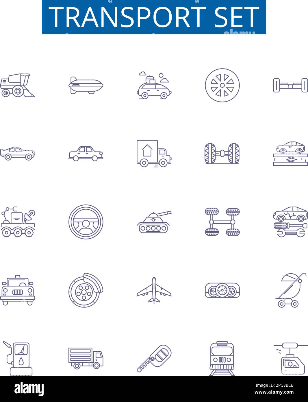 Set di trasporto icone linea segnali set. Progettare la collezione di veicoli, aerei, barche, treni, autobus, Coach, furgoni, Taxi vettoriale del concetto di contorno Illustrazione Vettoriale