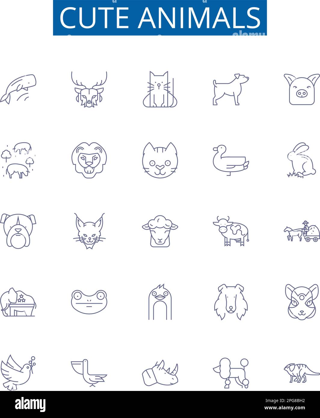 Cute animali linea icone segni set. Collezione di design di Furry, Gattini, cuccioli, Fluffy, Puppy, Cudly, orso, coniglietto delineano le illustrazioni del vettore di concetto Illustrazione Vettoriale