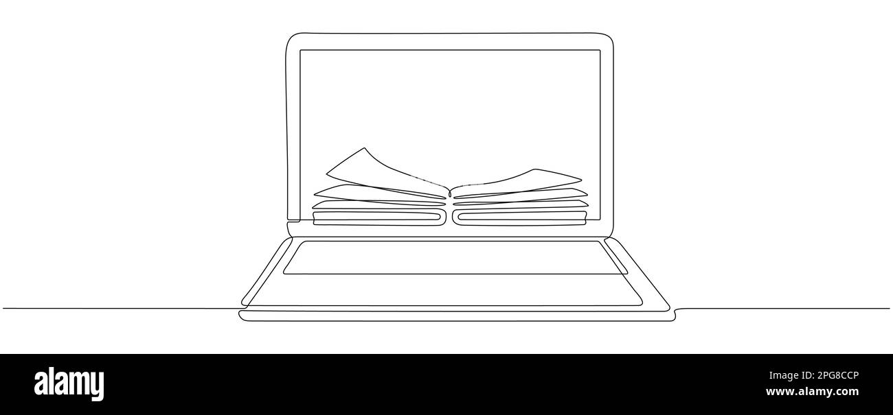 Disegno in linea continuo di un notebook con libro. Illustrazione lineare dell'istruzione online. Vettore isolato su bianco. Illustrazione Vettoriale