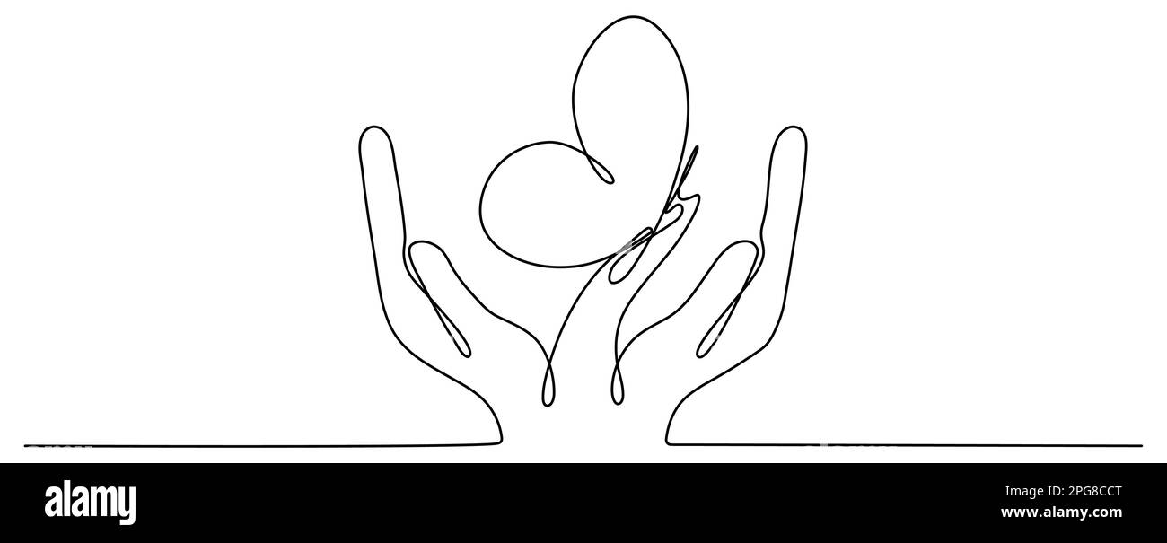Mano tenere farfalla volo linea continua disegno arte. Vettore isolato su bianco. Illustrazione Vettoriale