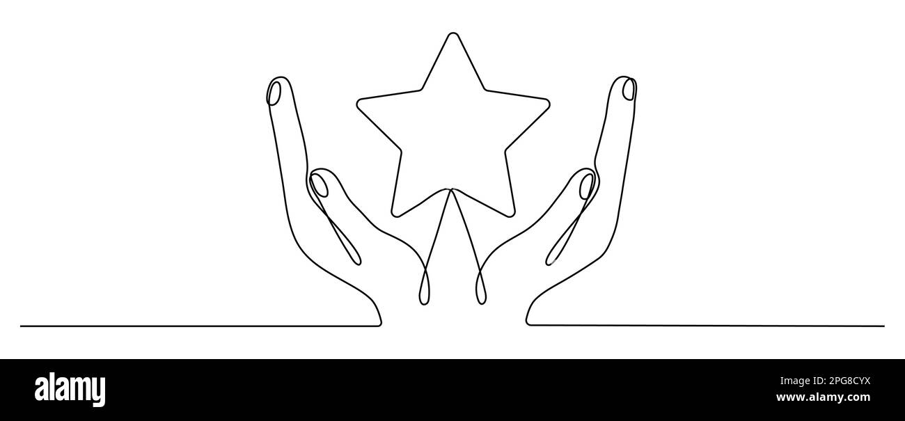 La mano tiene il disegno a stella a linea continua. Braccia umane palme. Illustrazione vettoriale isolata su bianco. Illustrazione Vettoriale