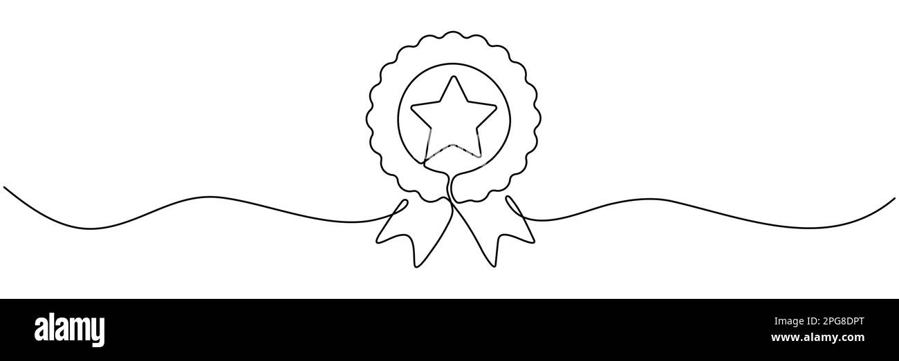 Disegno artistico a linea continua con badge a stella. Illustrazione vettoriale isolata su bianco. Illustrazione Vettoriale