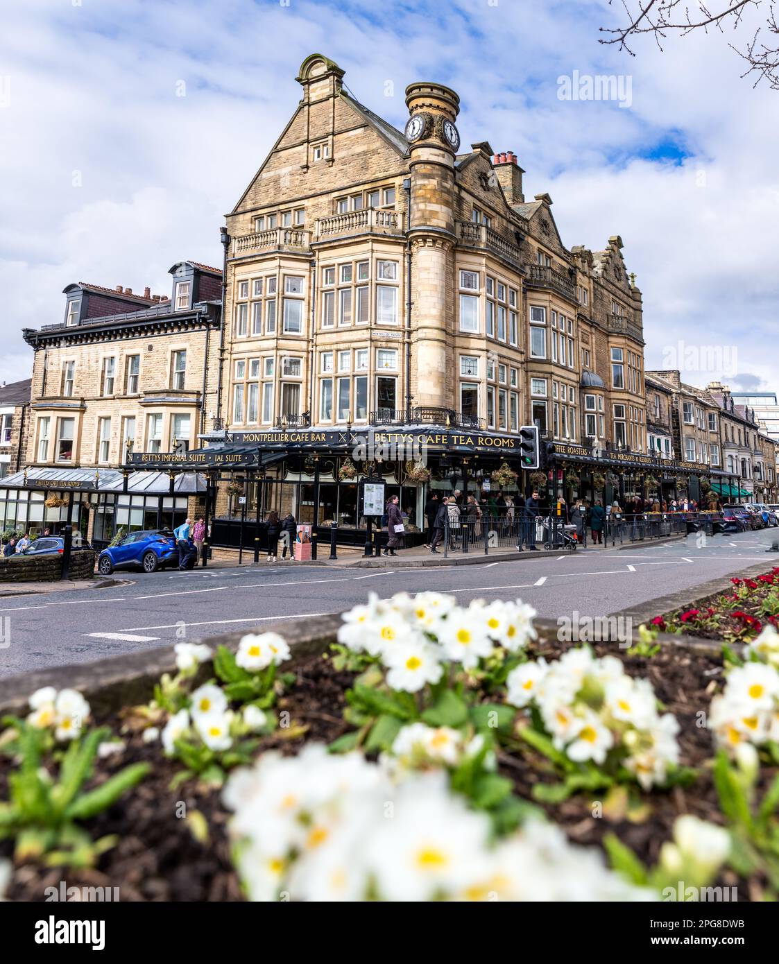 HARROGATE, REGNO UNITO - 18 MARZO 2023. L'architettura vittoriana esterna del Betty's Cafe and Tea Rooms di Harrogate, North Yorkshire, con flora di Springtime Foto Stock