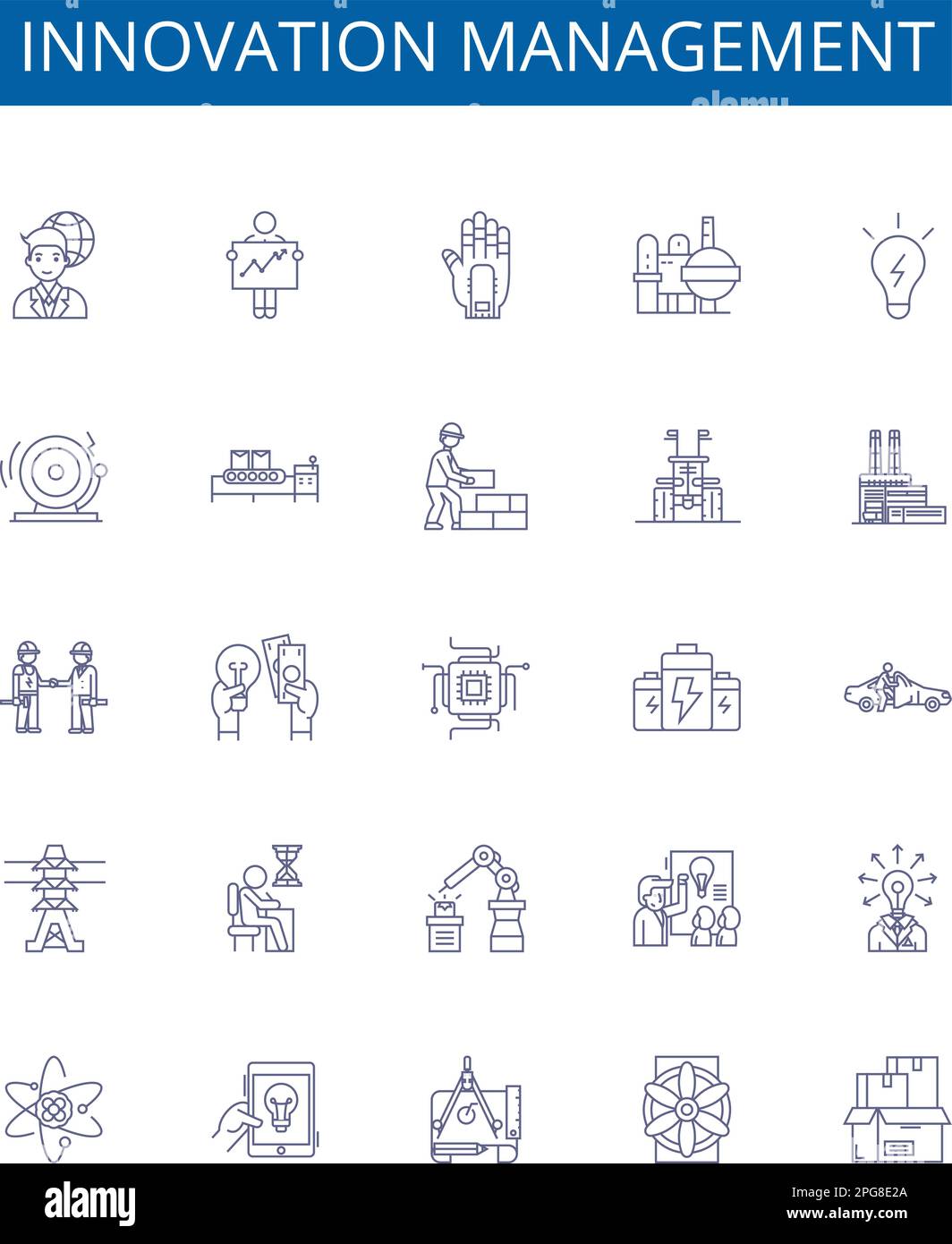 Icone della linea di gestione dell'innovazione set di simboli. Progettare la raccolta di innovazione, gestire, creare, visionario, cambiamento, Sviluppo, strategia, definizione del processo Illustrazione Vettoriale