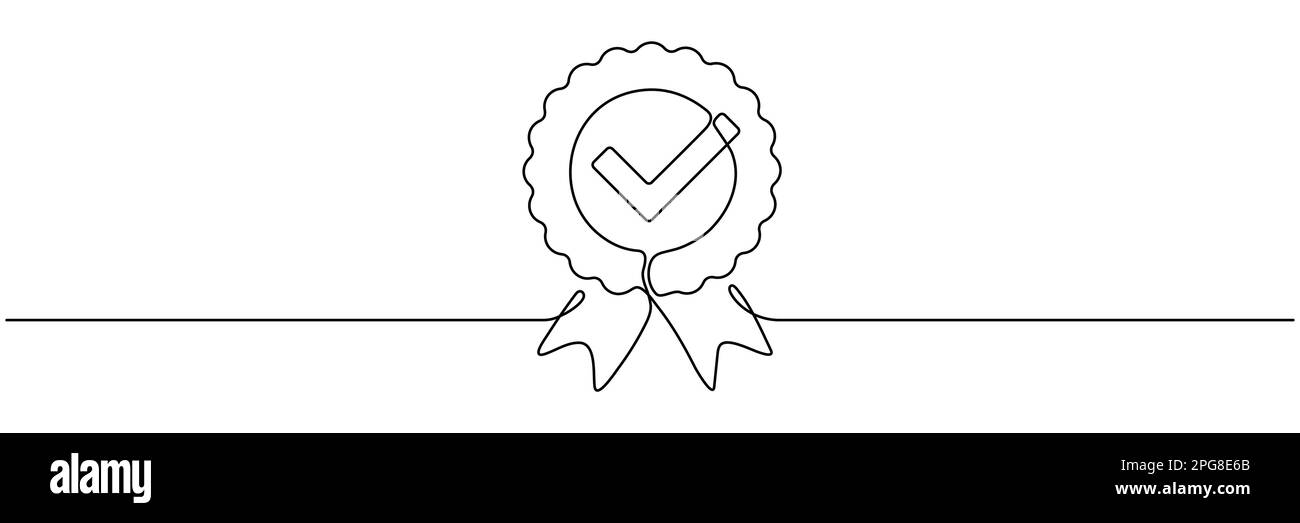 Badge premio disegno a linea continua. Segnale di controllo approvazione. Linea di contorno del certificato. Illustrazione vettoriale isolata su bianco. Illustrazione Vettoriale