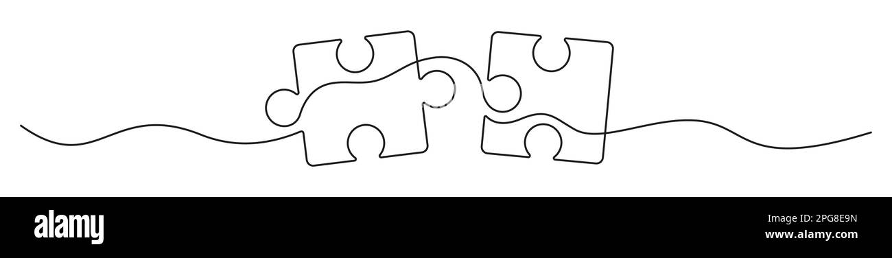 Puzzle linea art.. Pezzi di seghetto alternativo disegno continuo a una linea. Vettore isolato su bianco. Illustrazione Vettoriale