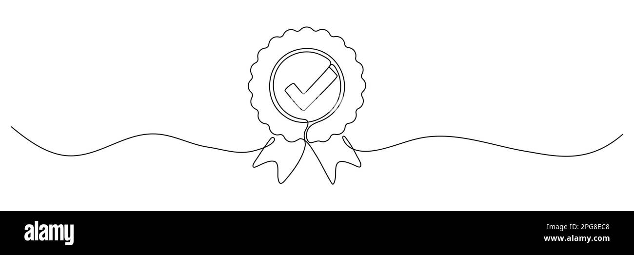 Badge premio disegno a linea continua. Segnale di controllo approvazione. Linea di contorno del certificato. Illustrazione vettoriale isolata su bianco. Illustrazione Vettoriale