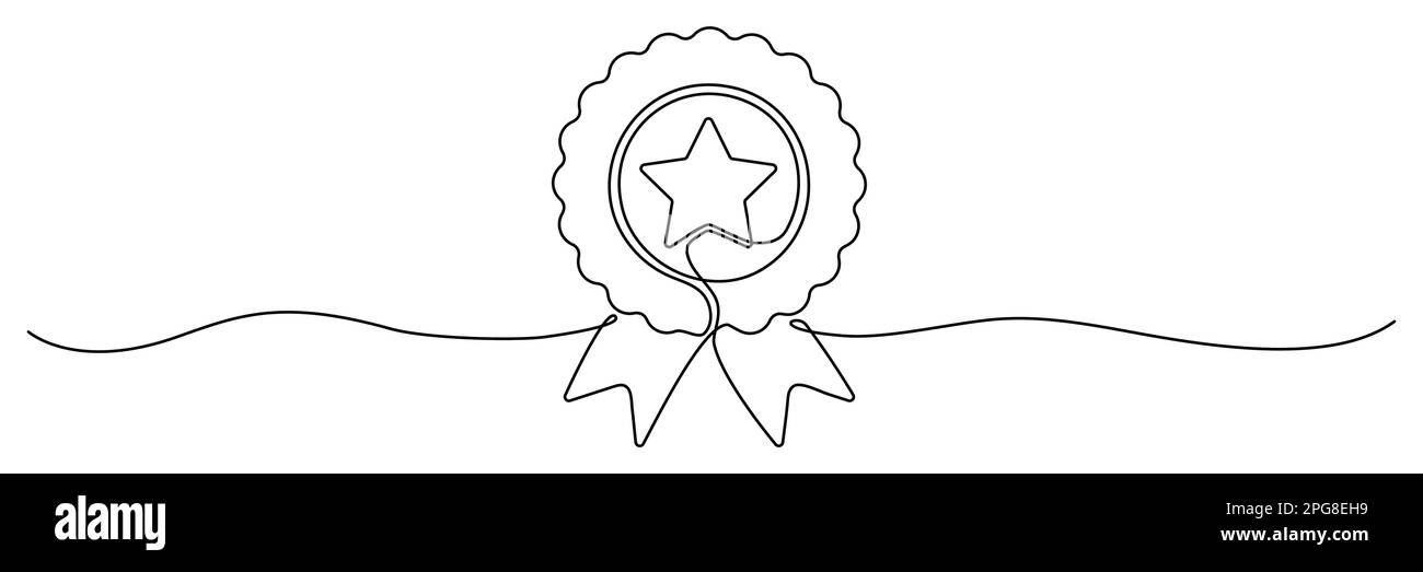 Disegno artistico a linea continua con badge a stella. Illustrazione vettoriale isolata su bianco. Illustrazione Vettoriale