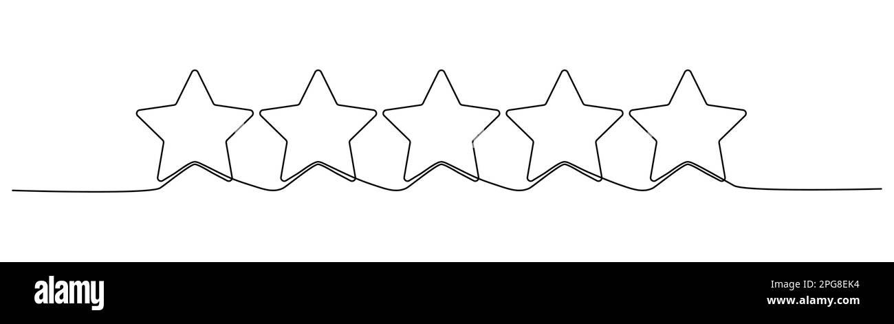 Disegno a linea continua a cinque stelle. Valutazione revisione simbolo lineare a stella. Illustrazione vettoriale isolata su bianco. Illustrazione Vettoriale