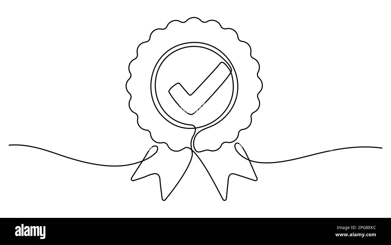 Badge premio disegno a linea continua. Segnale di controllo approvazione. Linea di contorno del certificato. Illustrazione vettoriale isolata su bianco. Illustrazione Vettoriale