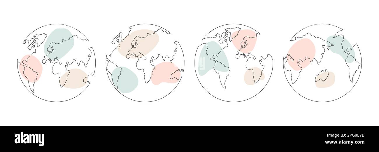 Mappa del mondo una linea di collezione d'arte. Set di disegni a linea di terra continua. Simbolo del globo terrestre disegnato a mano con un gruppo di forme pastello. Isolo di illustrazione del vettore Illustrazione Vettoriale