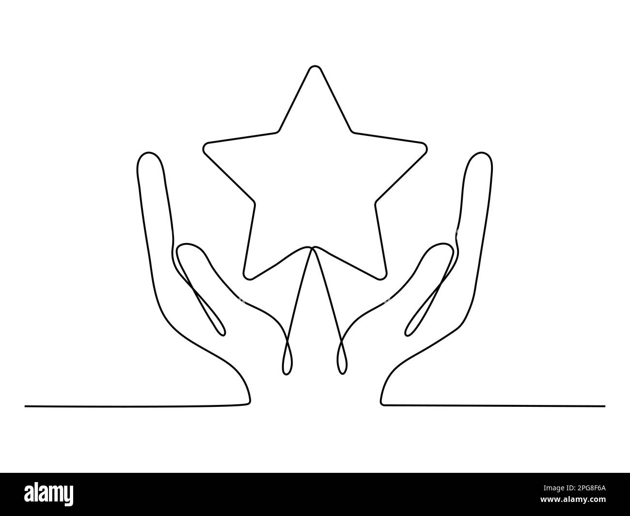 La mano tiene il disegno a stella a linea continua. Braccia umane palme. Illustrazione vettoriale isolata su bianco. Illustrazione Vettoriale