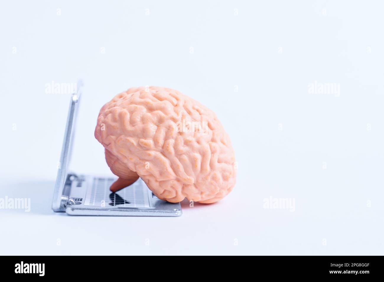 Modello anatomico di un cervello umano utilizzando una replica di un laptop in miniatura, che rappresenta l'idea di intelligenza artificiale. Foto Stock