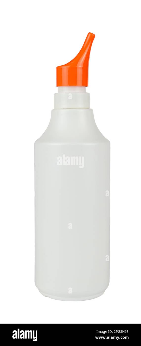 Contenitore medicale con coperchio spray arancione isolato dallo sfondo Foto Stock