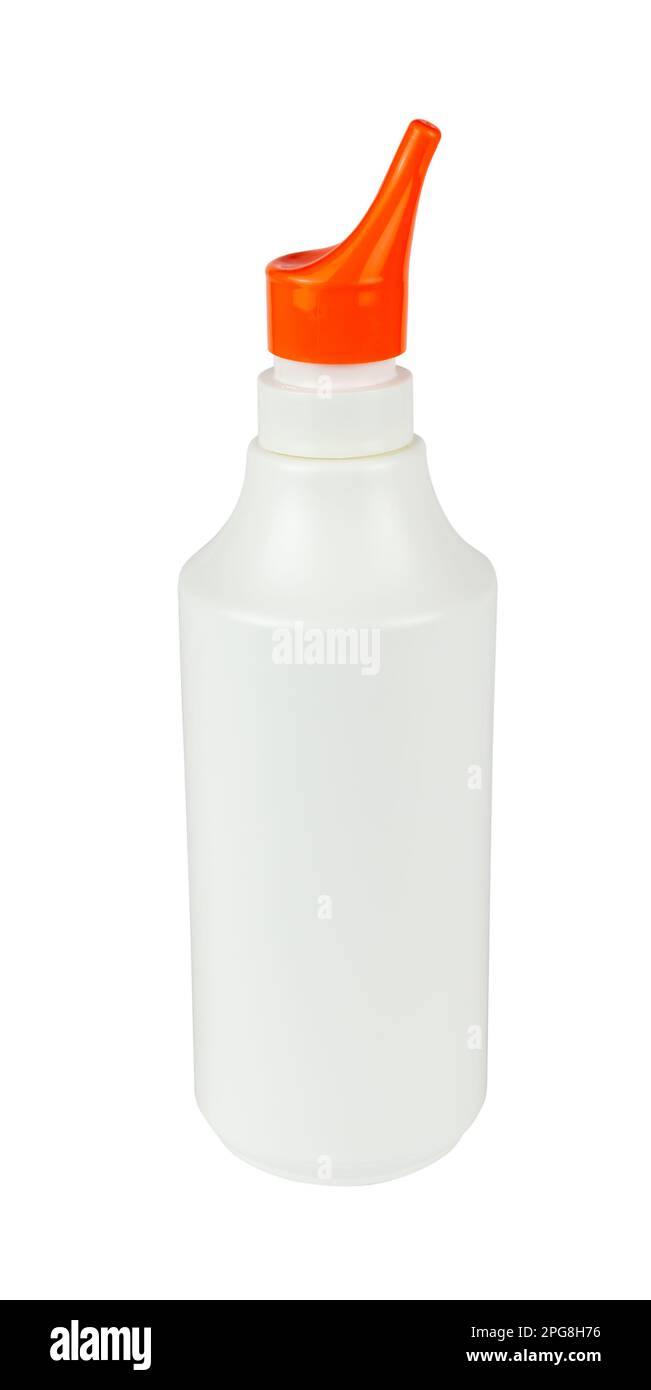 Contenitore medicale con coperchio spray arancione isolato dallo sfondo Foto Stock