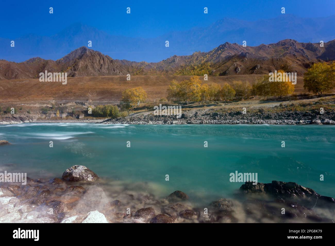 Foto astratta del movimento del rapido flusso del fiume di montagna Katun, offuscata dal metodo di lunga esposizione, tra le pietre e le rocce in Altai su A. Foto Stock