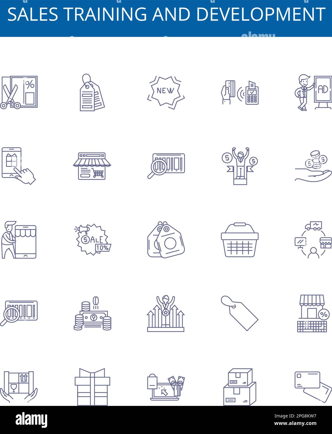 Set di cartelli con icone per linee di sviluppo e formazione alle vendite. Progettare la raccolta di vendite, formazione, sviluppo, strategia, tecnica, abilità, conoscenza Illustrazione Vettoriale