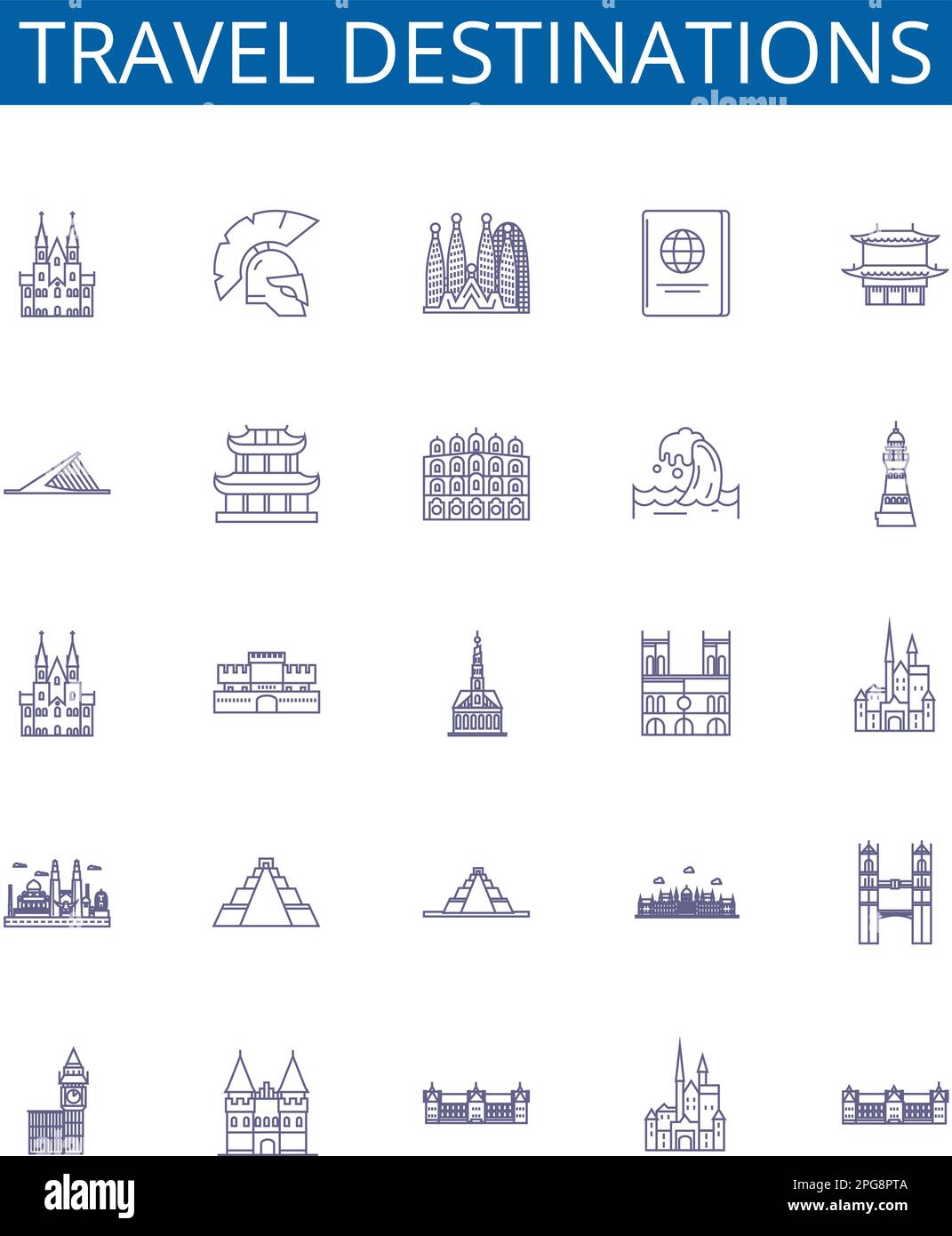 Set di simboli delle icone delle linee delle destinazioni di viaggio. Collezione di design di India, Messico, Francia, Giappone, Italia, Thailandia, Spagna, Canada delineano il concetto vettore Illustrazione Vettoriale