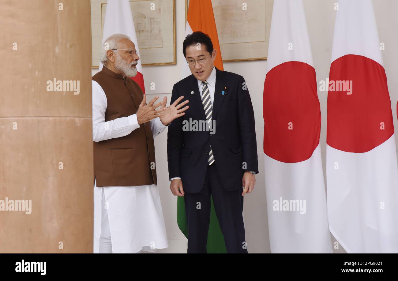 Nuova Delhi, India. 20th Mar, 2023. Il primo ministro indiano Narendra modi incontra il suo omologo giapponese Fumio Kishida a Nuova Delhi, India, il 20 marzo 2023. Due primi ministri discuteranno della sicurezza della difesa, dei legami economici e della partnership per l’energia pulita sullo sfondo della guerra Russia-Ukrain. (Foto di Sondeep Shankar/Pacific Press/Sipa USA) Credit: Sipa USA/Alamy Live News Foto Stock