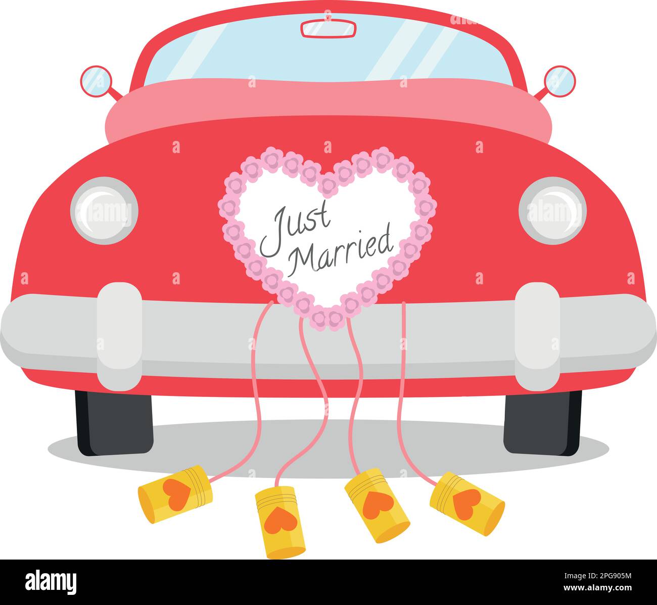 Auto di nozze rossa visto da dietro con decorazione del cuore e appena sposato scritto su di esso. Illustrazione vettoriale del concetto di icona di matrimonio Illustrazione Vettoriale