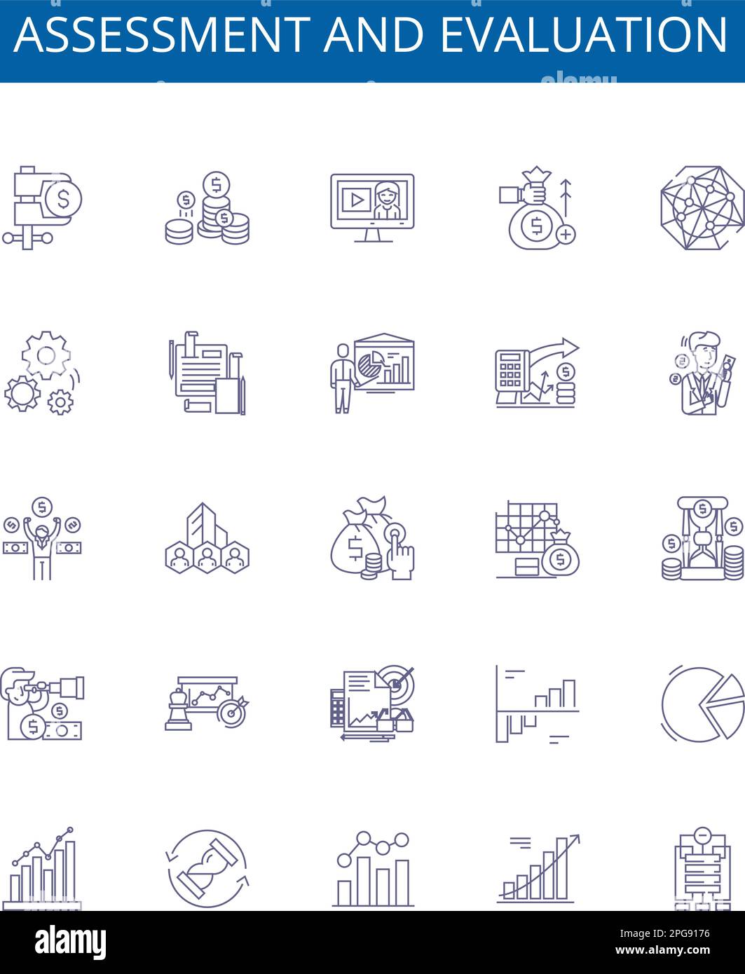 Set di simboli delle icone delle linee di valutazione e valutazione. Raccolta di progetti di valutazione, valutazione, analisi, misurazione, feedback, revisione, valutazione, test Illustrazione Vettoriale