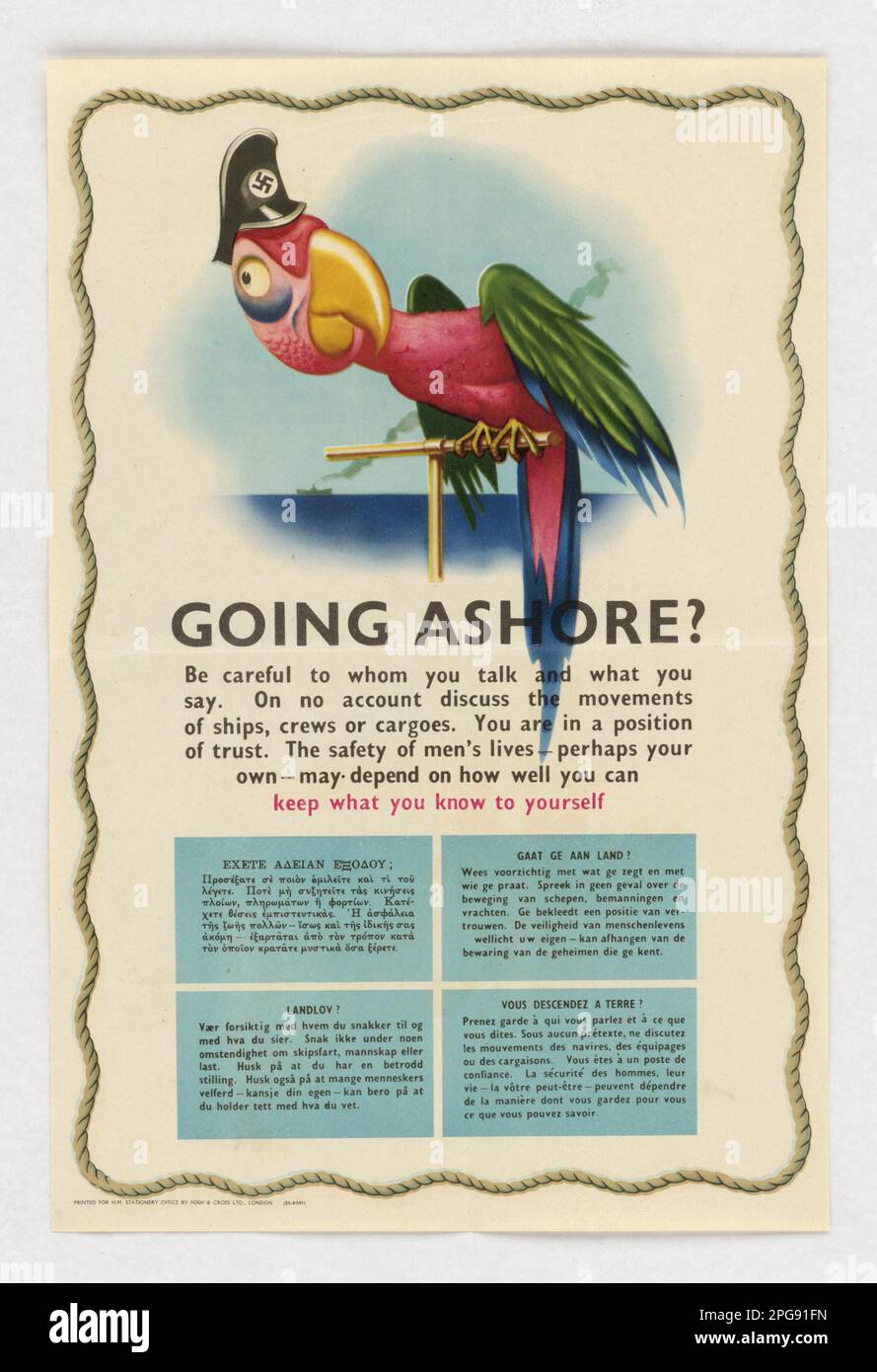 In riva al mare? Mantenga che cosa conoscete voi stessi. Paese: Inghilterra stampato da: Fosh & Cross Ltd.. 1942 - 1945. Ufficio per la gestione delle emergenze. Ufficio delle informazioni di guerra. Filiale operazioni nazionali. Ufficio servizi speciali. 3/9/1943-9/15/1945. Manifesti stranieri della seconda guerra mondiale Foto Stock